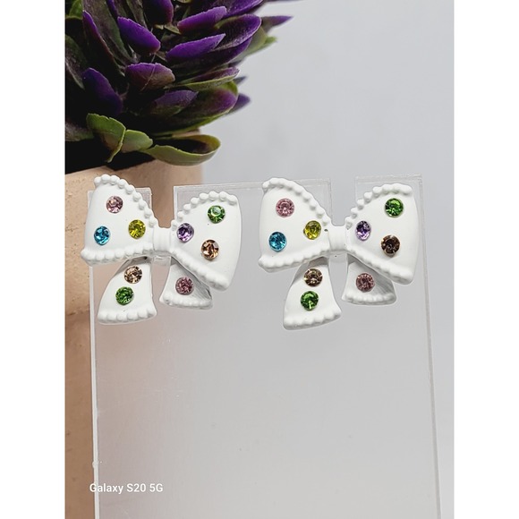 Source Unknown Jewelry - White Enamel Bow Stud Earrings Multi Color Rhinestone Scalloped Ribbon Post Back